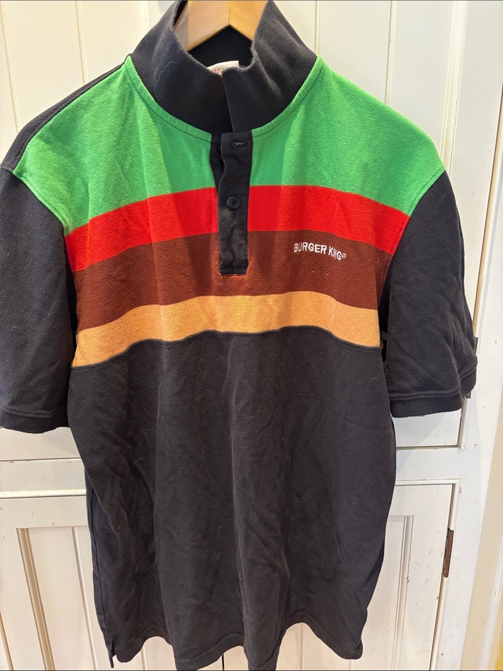 VINTAGE Burger King Striped Polo Shirt in Black, Green & Red